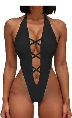 Sexy One Piece Thong Swimsuit Womens Deep V-Neck
Backless Solid Bikini