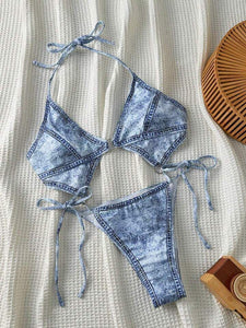 Denim One Piece Swimsuit High Leg Cut